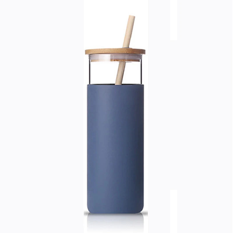 FX Factory BPA-Free 500ml Blue Glass Tumbler Water Bottle Straw Silicone Protective Sleeve Bamboo Lid Paper Drink Bottle