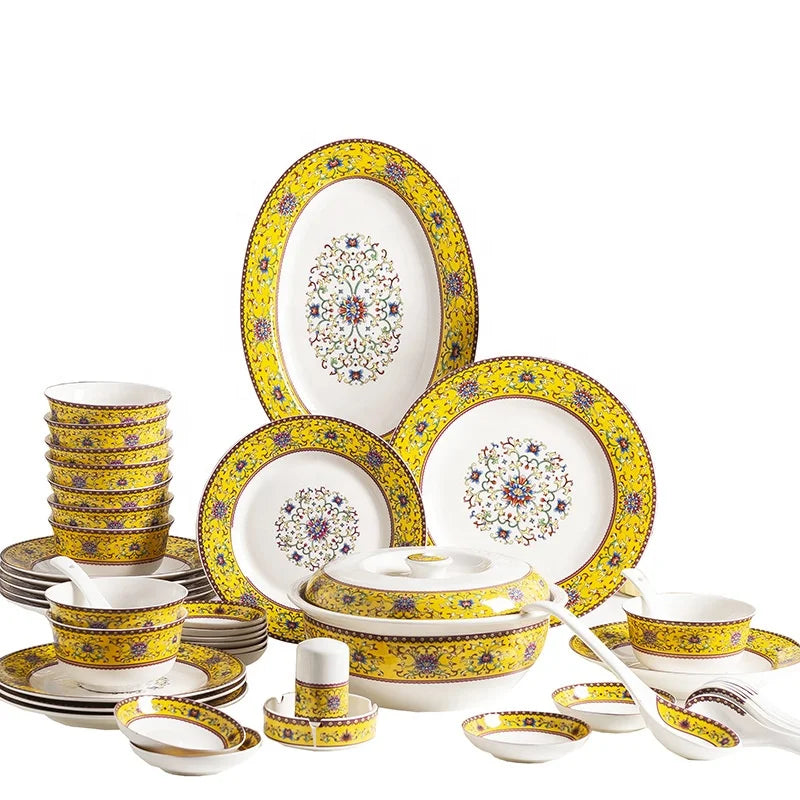 56-set Bone China Dinnerware Bowl and Dish Set Jingdezhen Gold Hand Stroke Enamel Ceramic Tableware Set