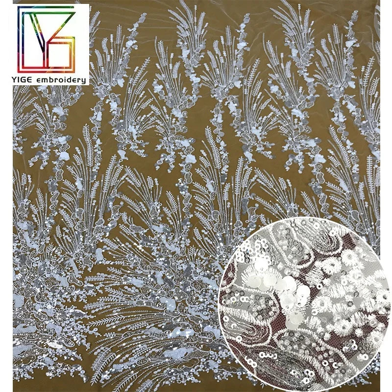 2022 Popular Luxury Pearls Sequins Beaded Lace Embroidery African Fabrics French Crystal Long Tube Beads Bridal Gown Fabric