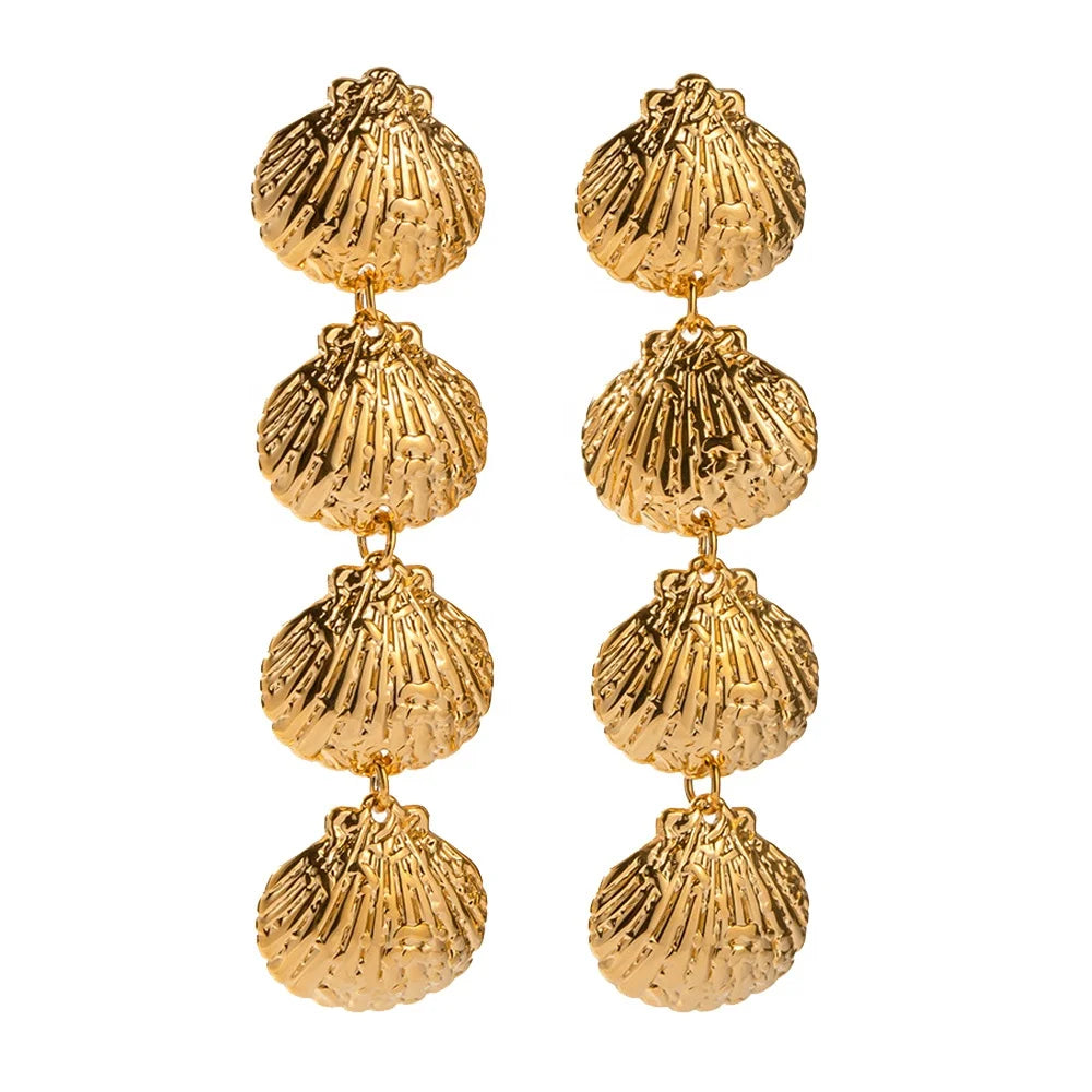 Vintage Fashion Waterproof Stainless Steel Gold-Plated Ocean Shell Pendant Tassel Earrings Jewelry Customized