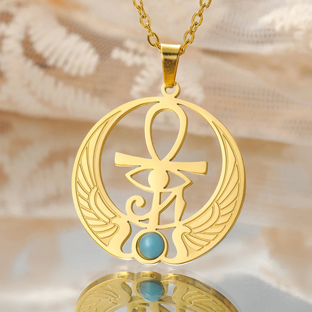 Myshape Ankh Cross Eye of Horus Necklace Key of Life Scarab Pendant Ancient Egyptian Protection Amulet Stainless Steel Jewelry