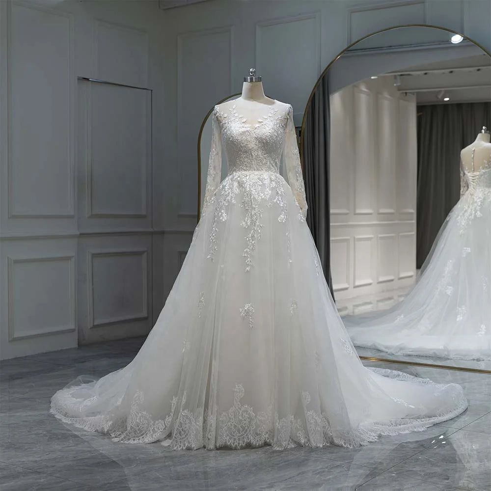 Jancember RL232 O-Neck Illusion Beautiful Long Sleeves Wedding Dresses for Women