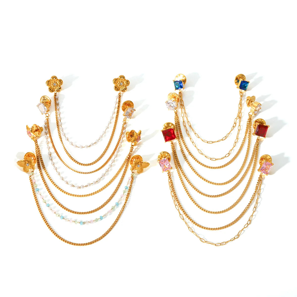 New Stainless Steel Diamond Inlaid Natural Stone Geometric Love Collar Pin Chain Brooch Neckline Clothing