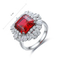 Premium Luxury 925 Sterling Silver Plated Lab Grown Ruby Gemstone Asscher Cut Engagement Wedding Ring Claw Setting for Women