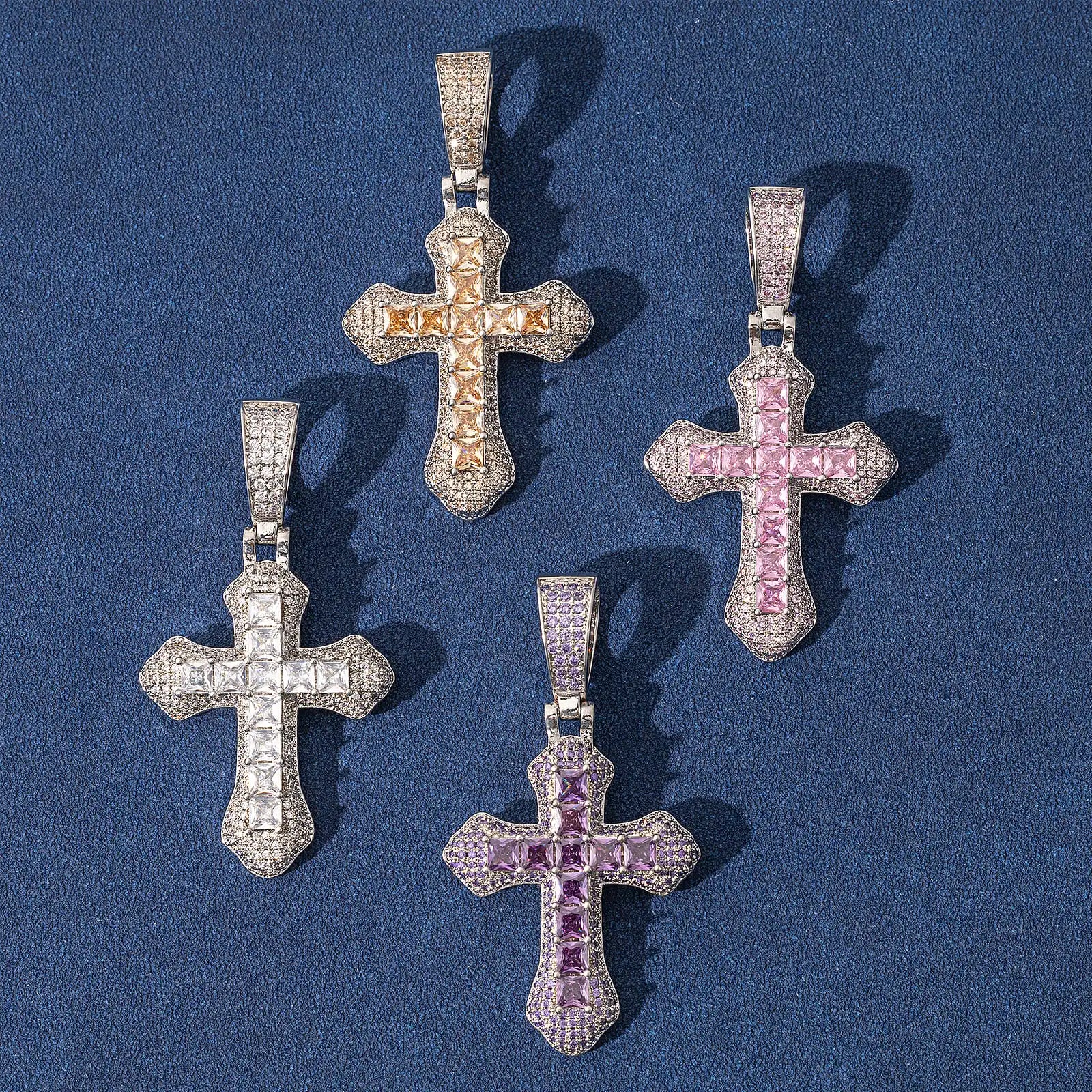 Top Icy Multicolor Cross Pendant Gold Plated Necklace Big Size Iced Out Retro Style Cross Necklace for Women