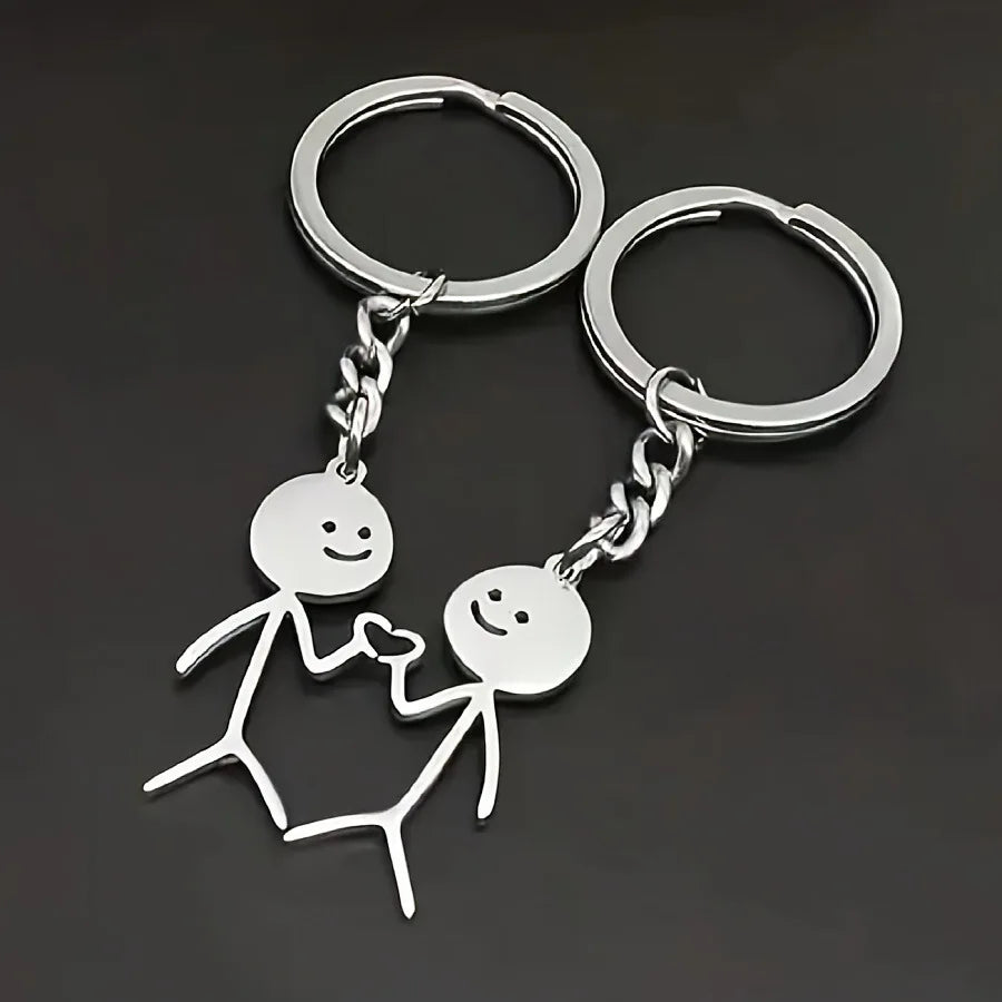 Simple Stainless Steel Jewelry Couples Matching Keyring Set Abstract Cute Figure With Heart Keychain Silver Tone Keyring