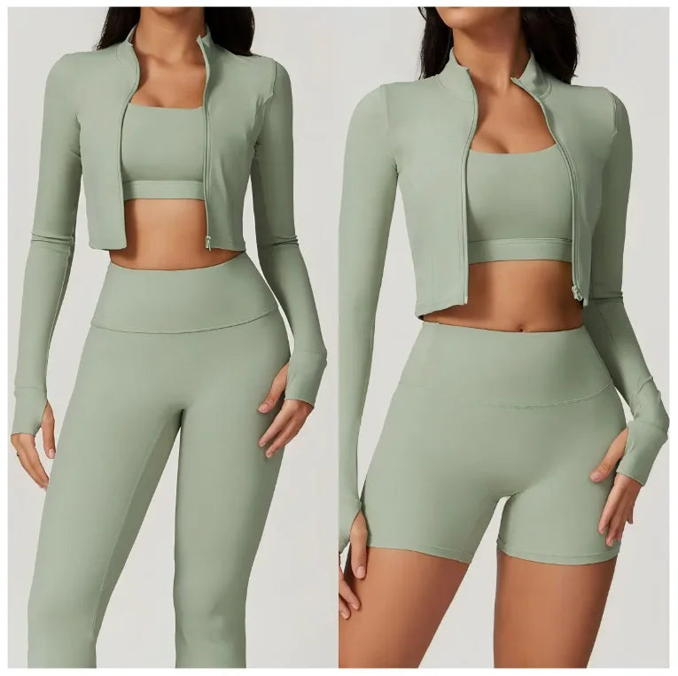 Women's High Waist Yoga Suit with Custom Logo Three Piece Fitness Sport Clothing Set Elastic Waist Closure Solid Pattern