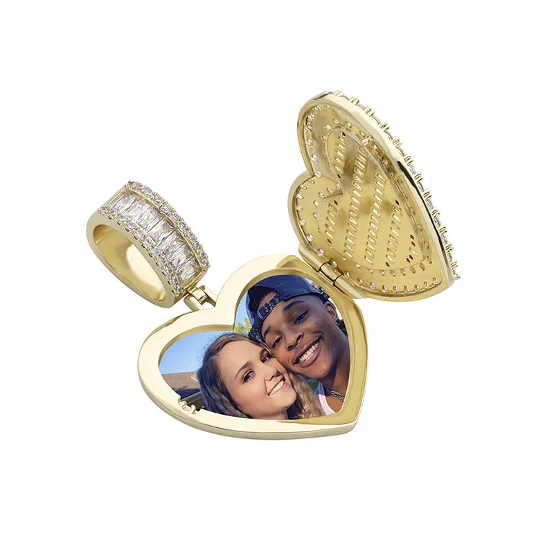 Custom Gold Plated Brass Memory Medallion Pendant Necklace Big Heart Shape Cubic Zircon Hip Hop Style  Women Jewelry for Party