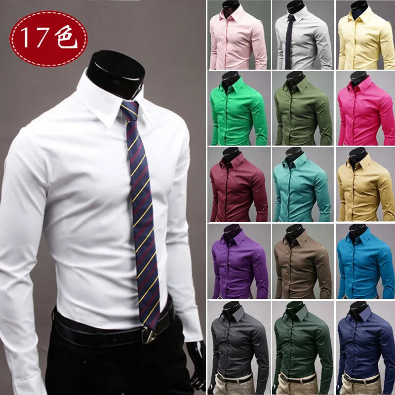 M-3XL Men's Long Sleeve Polo Collar Single Breasted Top Formal Tuxedo Shirt Men's Business Shirt Streetwear