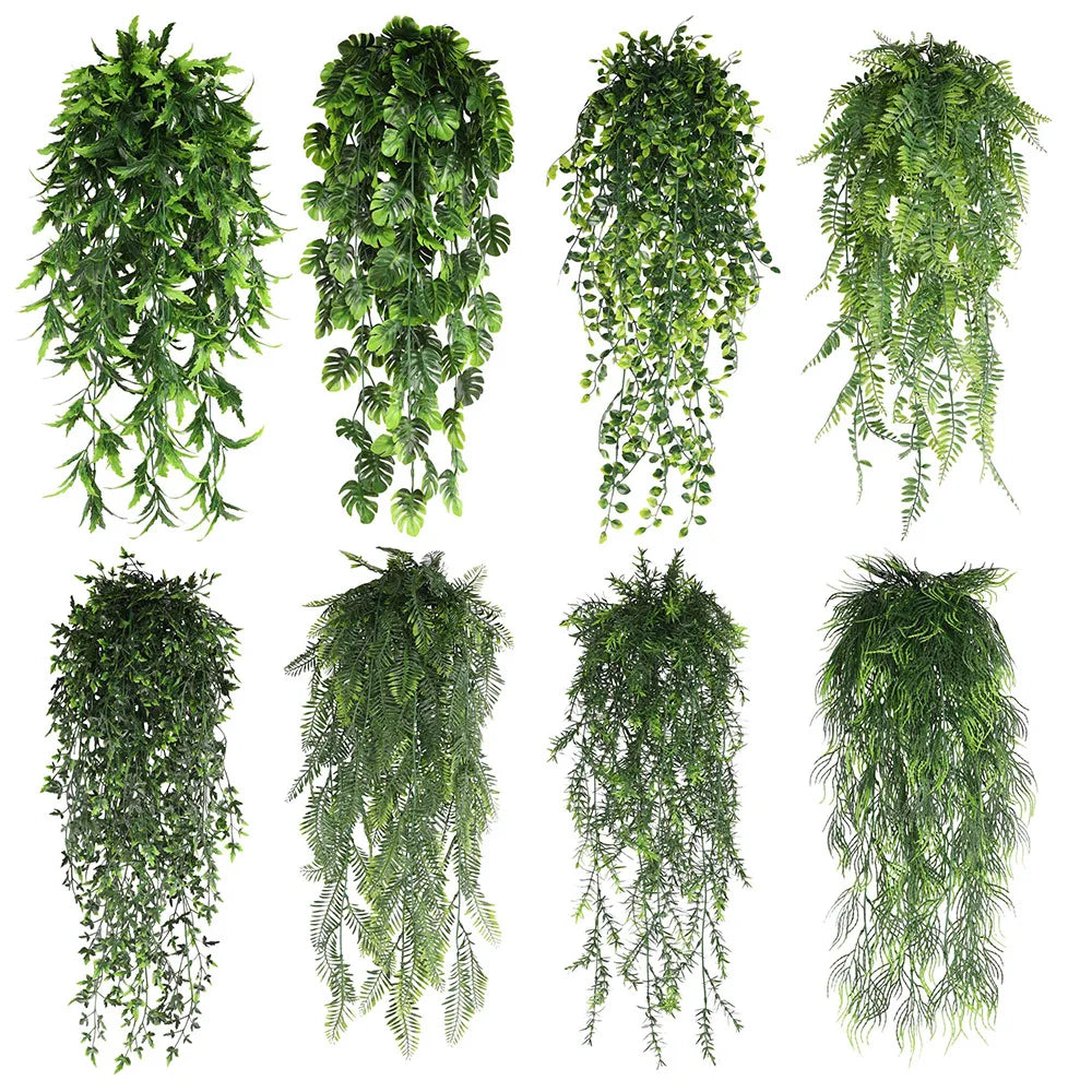 F45 Wholesale Different Type Plastic Faux Greenery Ferns Green Leaves Fake Plant Grass Artificial Hanging Vine for Wall Decor