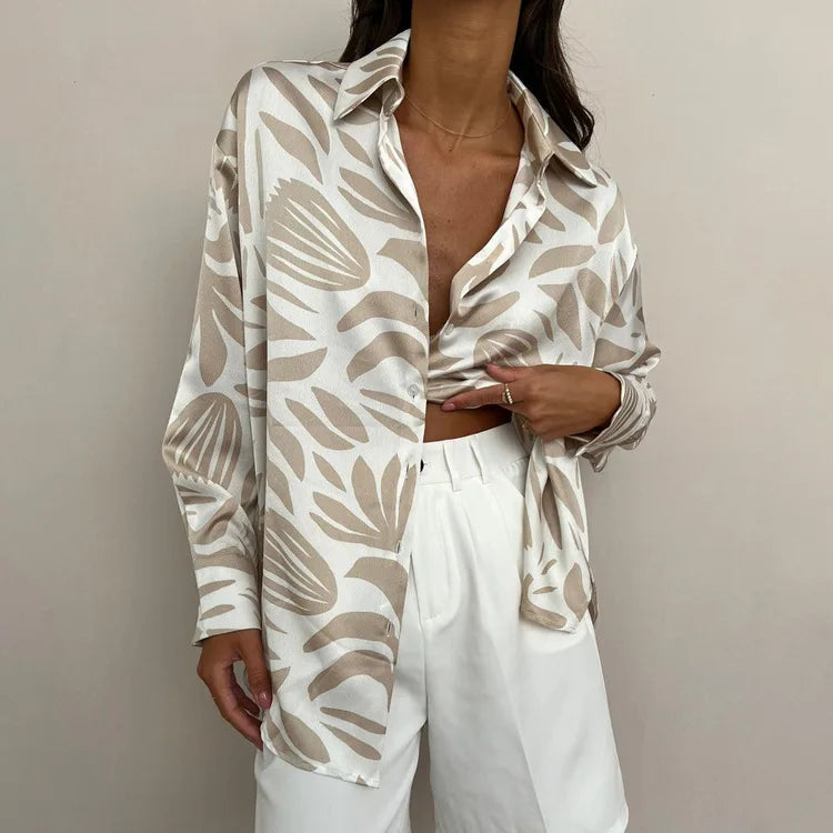 Enyami Work Leisure Printed Satin Shirts Crop Tops Long Sleeves Irregular Casual Loose Women Blouses