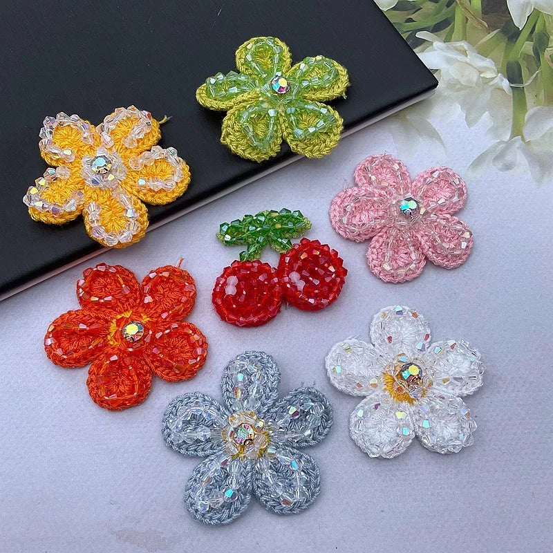 Cute Multicolor Knit Crochet Iron on Patches Hat Clothes Bag Rhinestone Beaded 3D Flower Applique