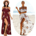 Womens Chiffon Off the Shoulder Maxi Dresses Burgundy Summer Beach Sundress Bohemian Split Gown Floral Dress