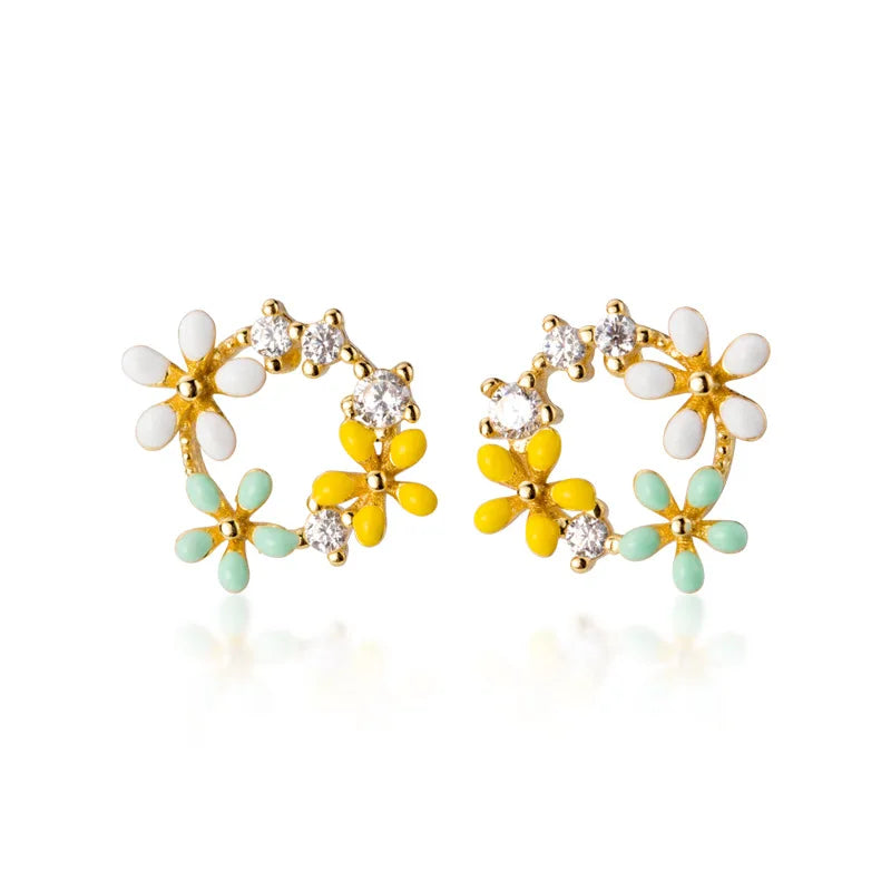 Daidan Earrings Zircon Enamel Flower Multicolor Epoxy Sterling Silver 925 Earrings