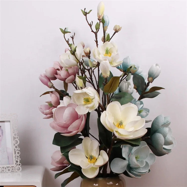 V-3364 Artificial Flower Magnolia Latex Magnolia With Green Leaves for Decoration