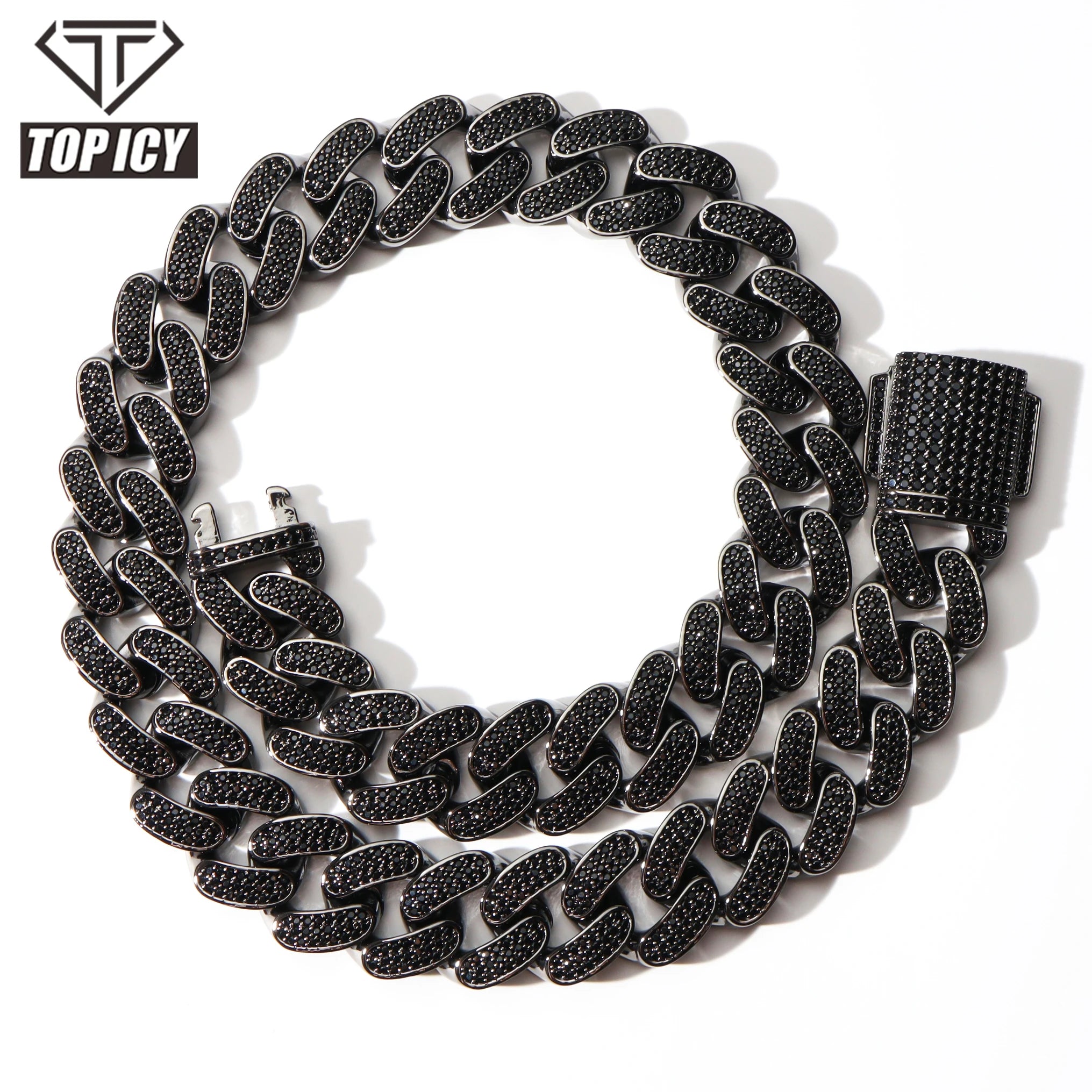 20mm Spring Clasp Black Cubic Zircon Dark Style Cuban Link Chain 20mm Big Size Bling Black Iced Out Miami Cuban Chain