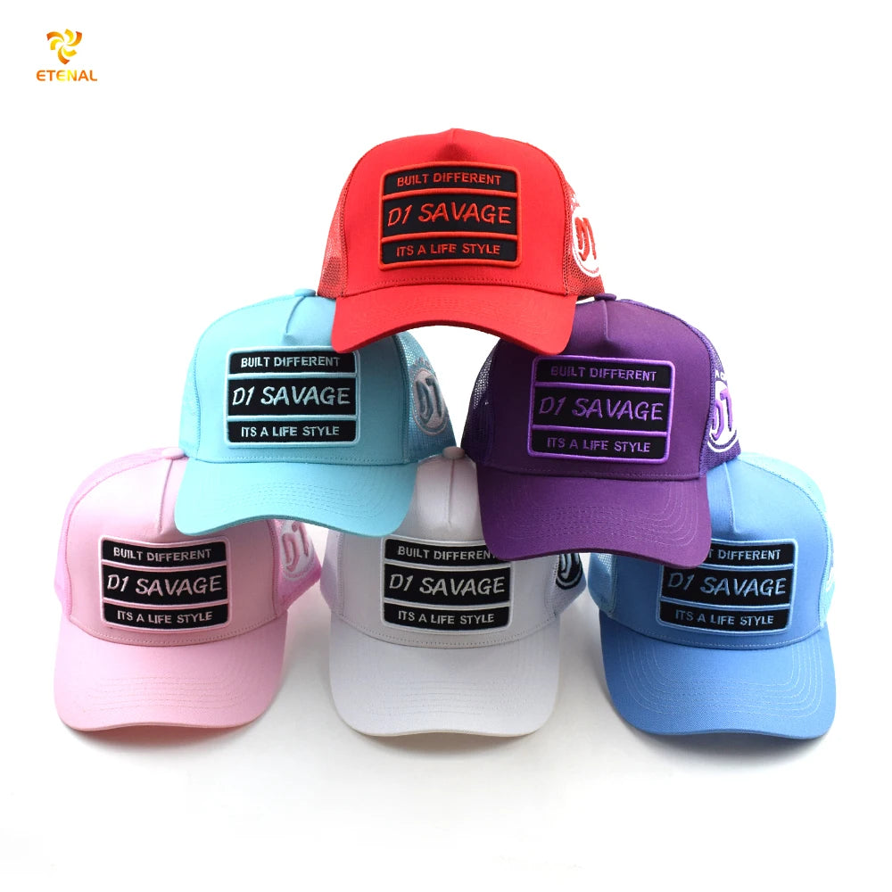 Custom Oxford Dobby Fabric Hand Embroidery Fruit Pattern Adjustable Snapback Trucker Hat Caps