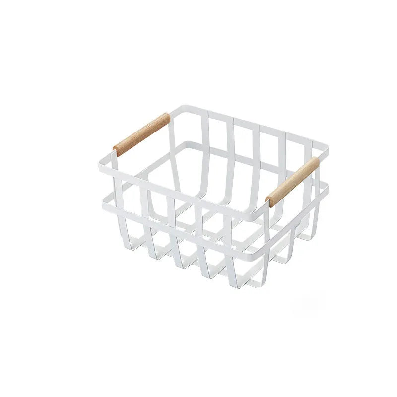 Japanese Iron Art Double Wood Handle Storage Basket Cloth Hanging Daily Home Storage for Beverages Magazines and Food