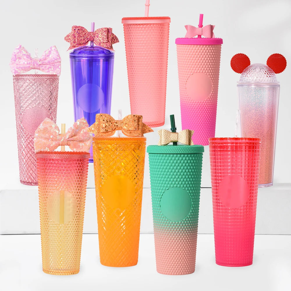 Custom Logo 24oz Black Reusable Double Wall Plastic Matte Snow Globe Tumbler with Pre Drilled Hole Lid Straw