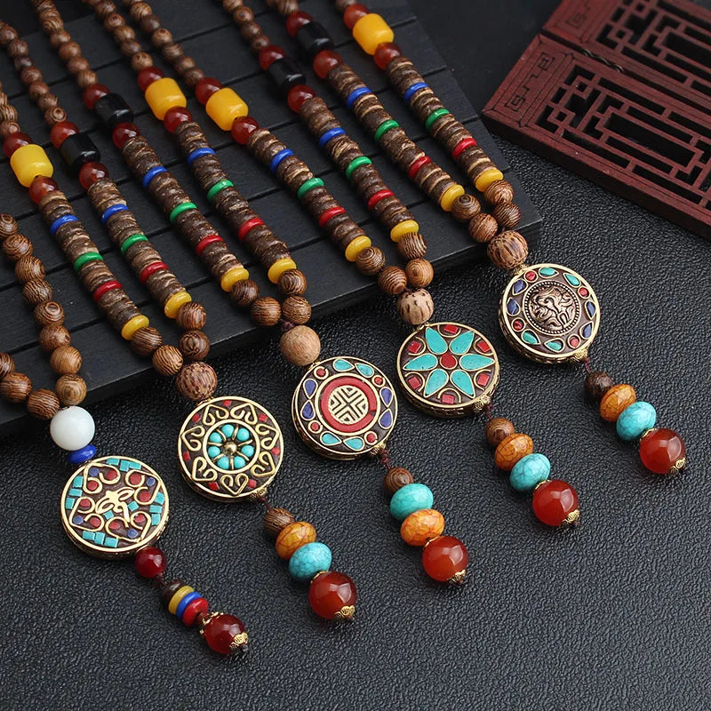 Vintage Jewelry Handmade Nepal Religion Tribal Wood Beads Pendant Long Tassel Necklace