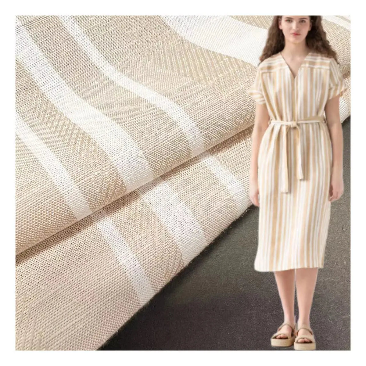 Customized Organic Linen Cotton Blends Fabric Woven Eco-Friendly Lightweight Stone Gallery Stripe Dress Sustainable Features