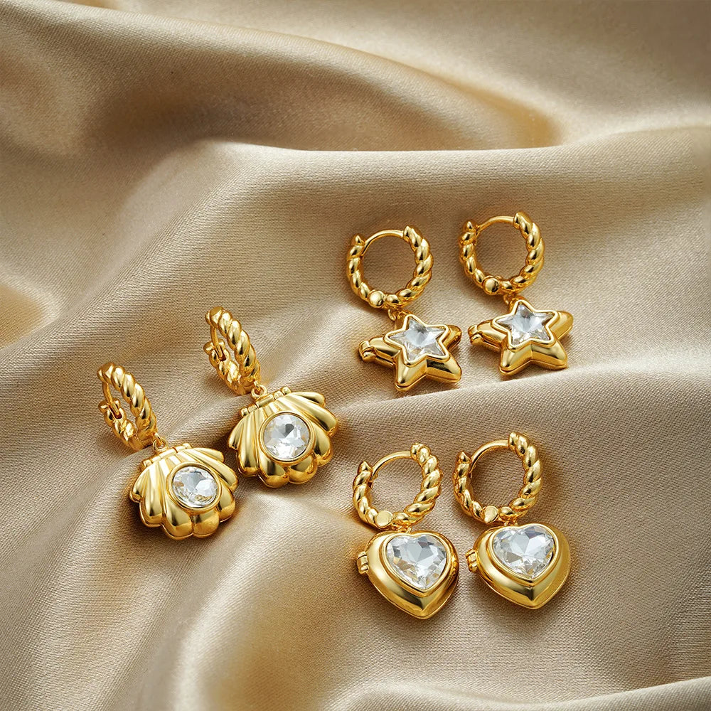 Cute Heart Charm Can Open for Photo Frame Earrings Zircon Star Twist Hoop Earrings for Women Gift