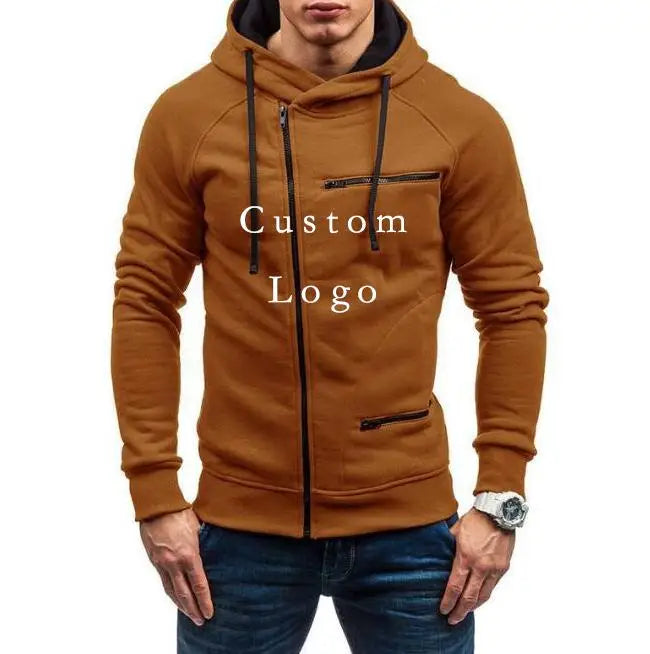 Men's Solid Color Custom Logo Fleece Cardigan Jacquard Hoodie Sweatshirt Sports Casual Hooded Jacket