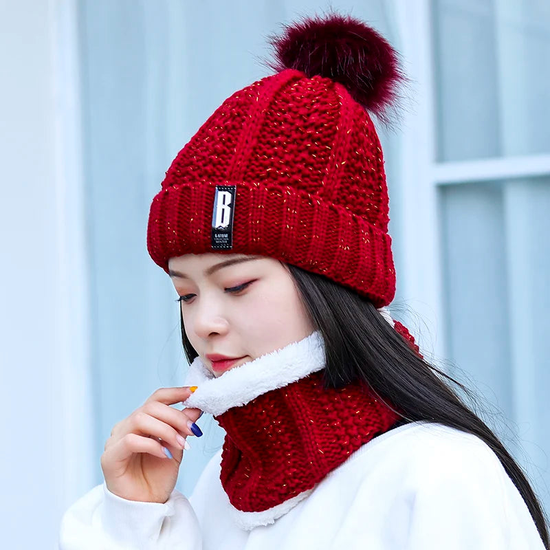 Wholesale Face Cover Pom Pom Beanie Warm Winter Knitted Women Hats and Scarves Sets