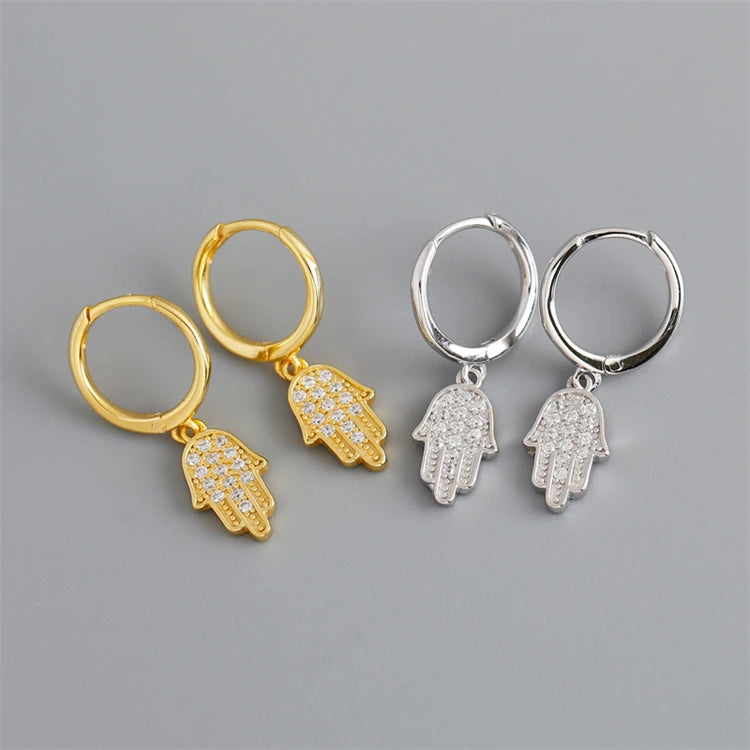 Fine Jewelry Hamsa Hand Zircon Hoop Earrings 18k Gold 925 Sterling Silver Fashion Hand Huggie Hoop Earrings for Women