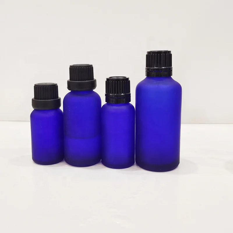 Luxury Frosted Blue Glass Essential Oil Bottles 5ml/10ml/30ml/100ml Empty Glass Containers with Black Cap for Skincare