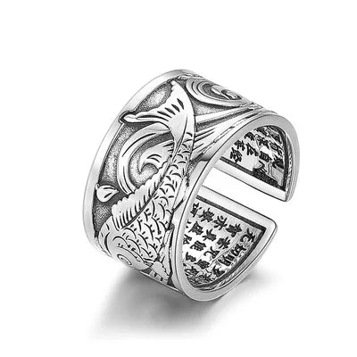 Retro Thai Silver Rings Koi Heart Sutra Engraved Open Punk Ring Lucky Carp Ring Men's Gifts