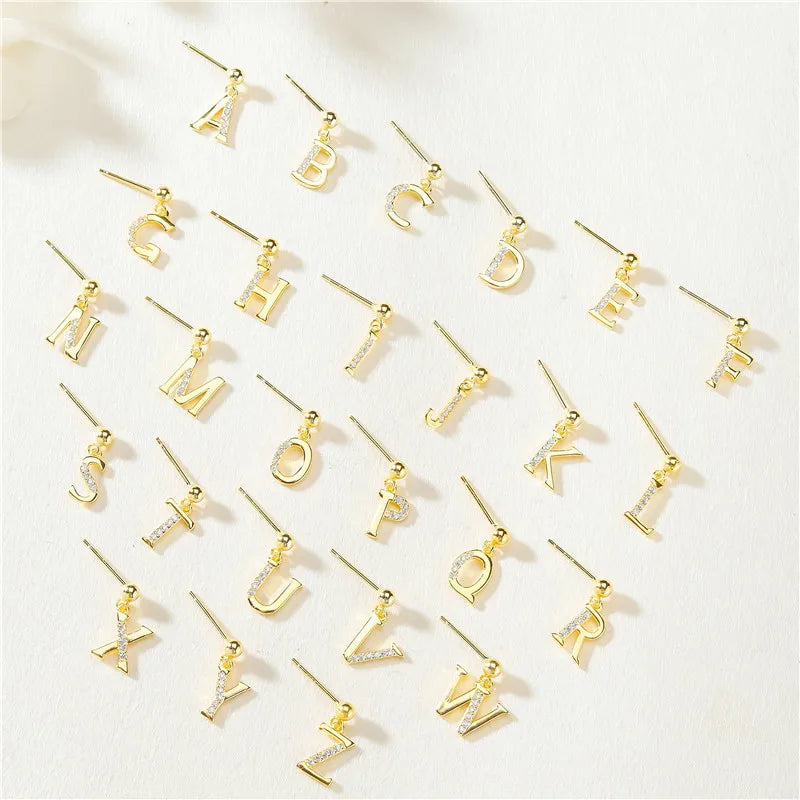 Sterling Silver 925 Gold Plated Trendy Mini Alphabet Dangle Stud Earrings with Zircon A-Z Letters