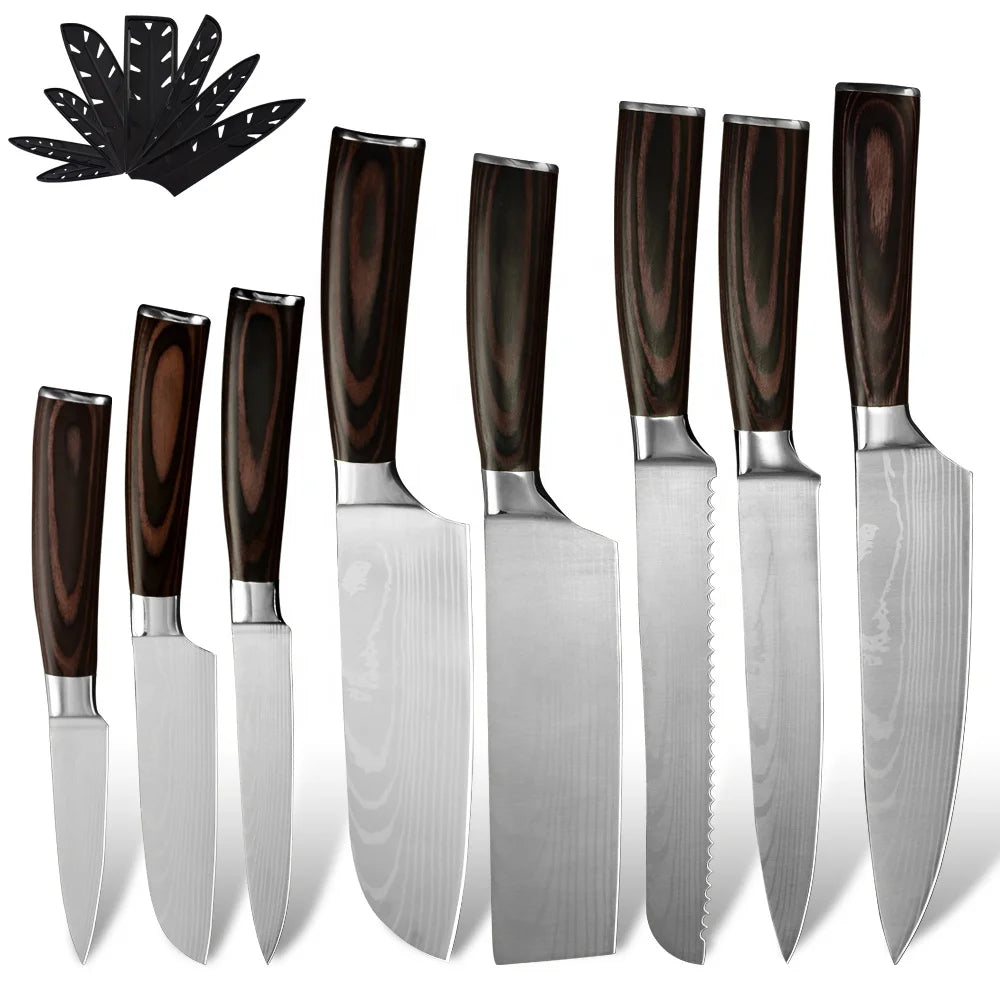 Xingye Selling Stainless Steel Damascus Laser Pattern 4CR13 8pcs Kitchen Knives Sharp Slicing Santoku Tool