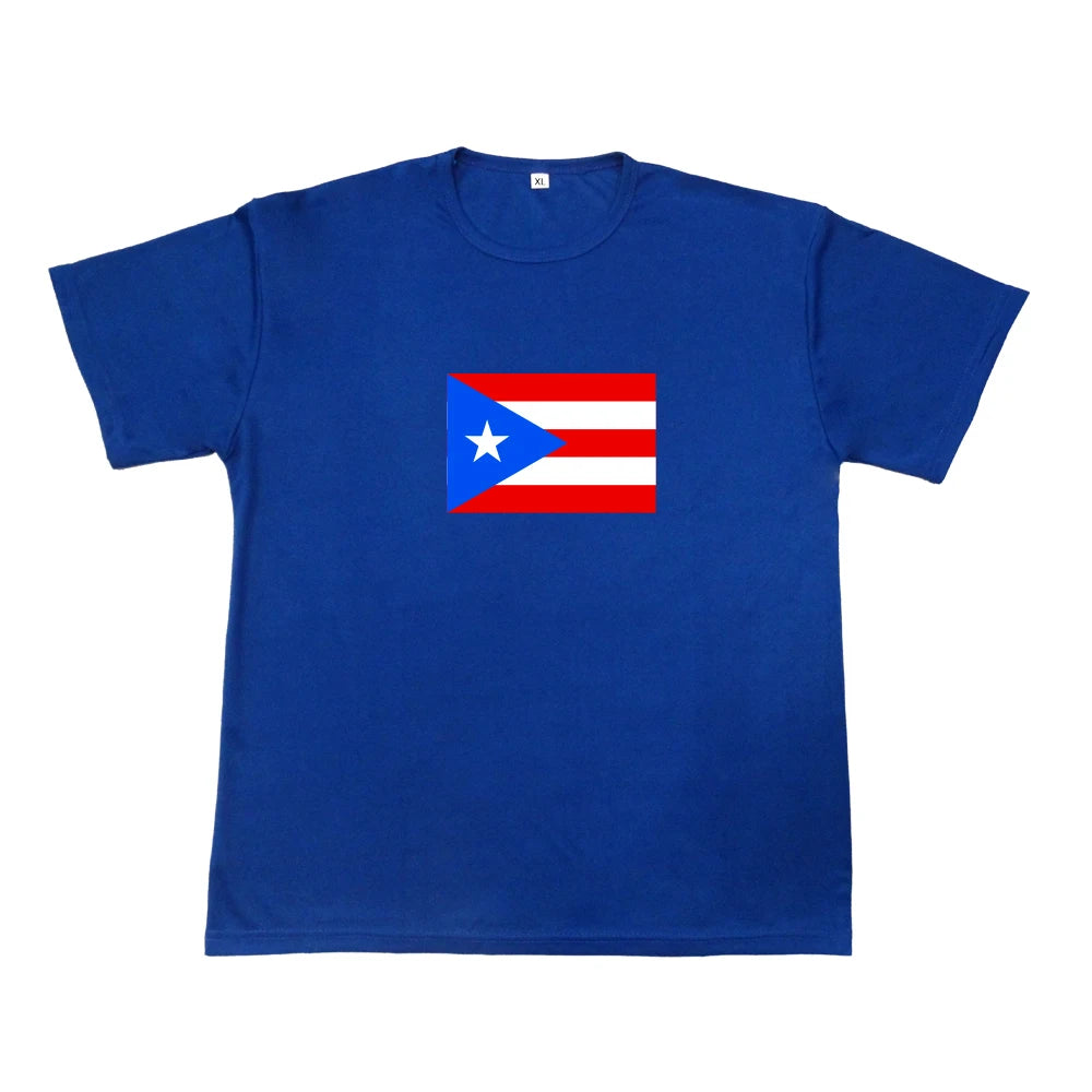 Promotion Blue Polyester Round Neck T-shirts with Puerto Rico Flag logo Custom Printing