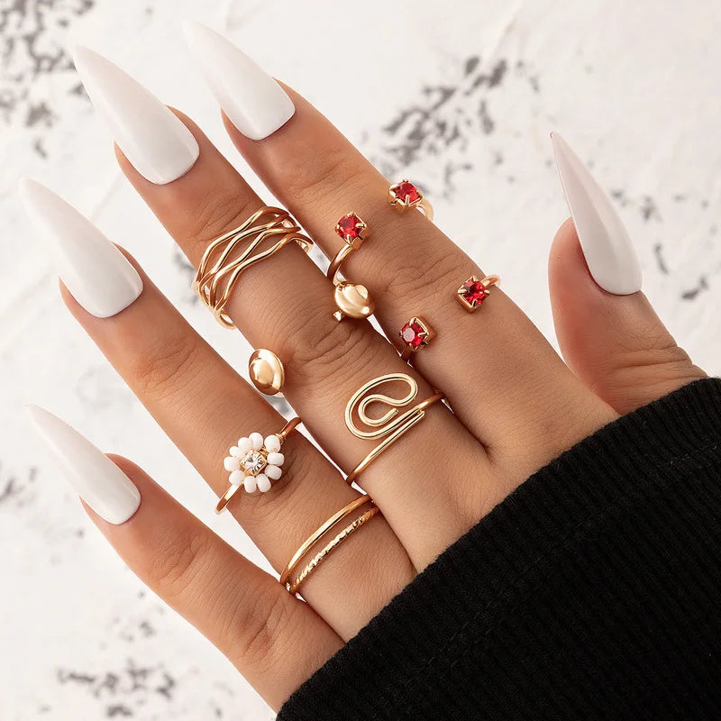7Pcs/Sets Female Geometric Square Ruby Diamond Rice Bead Flower Finger Ring Set Vintage Knuckle Rings Set Women Jewelry