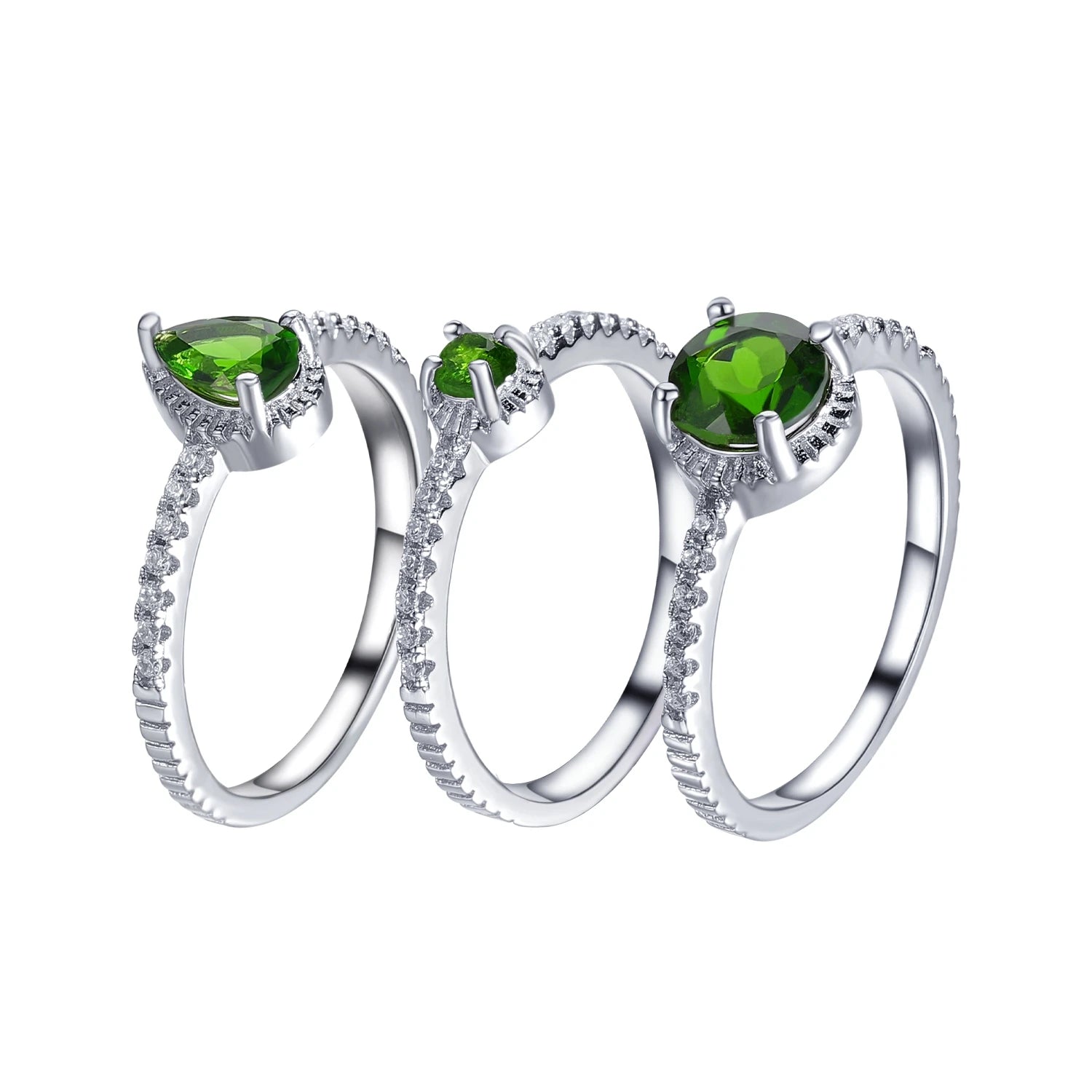 A2600 Abiding Jewelry 3 Pieces Natural Chrome Diopside Gemstone Women Finger 925 Sterling Silver Lucky Green Stone Ring Set