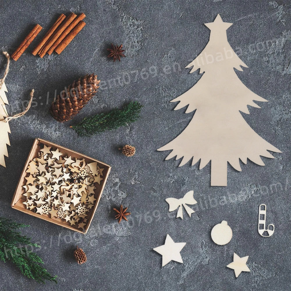 Tailai 3-Piece DIY Small Christmas Plywood Desktop Ornaments with Detachable Base Plant Pattern Art Deco Design Natural Wood