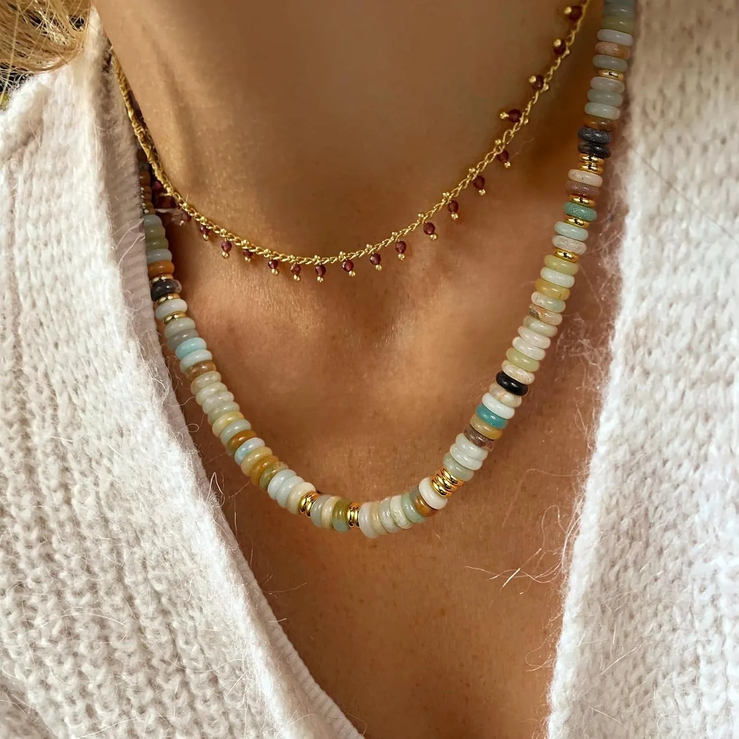 Abacus Natural Stone Necklace Amazonite Orange Aventurine Beaded Necklace Trendy Dainty Jewelry for Women Girls Anniversary Gift