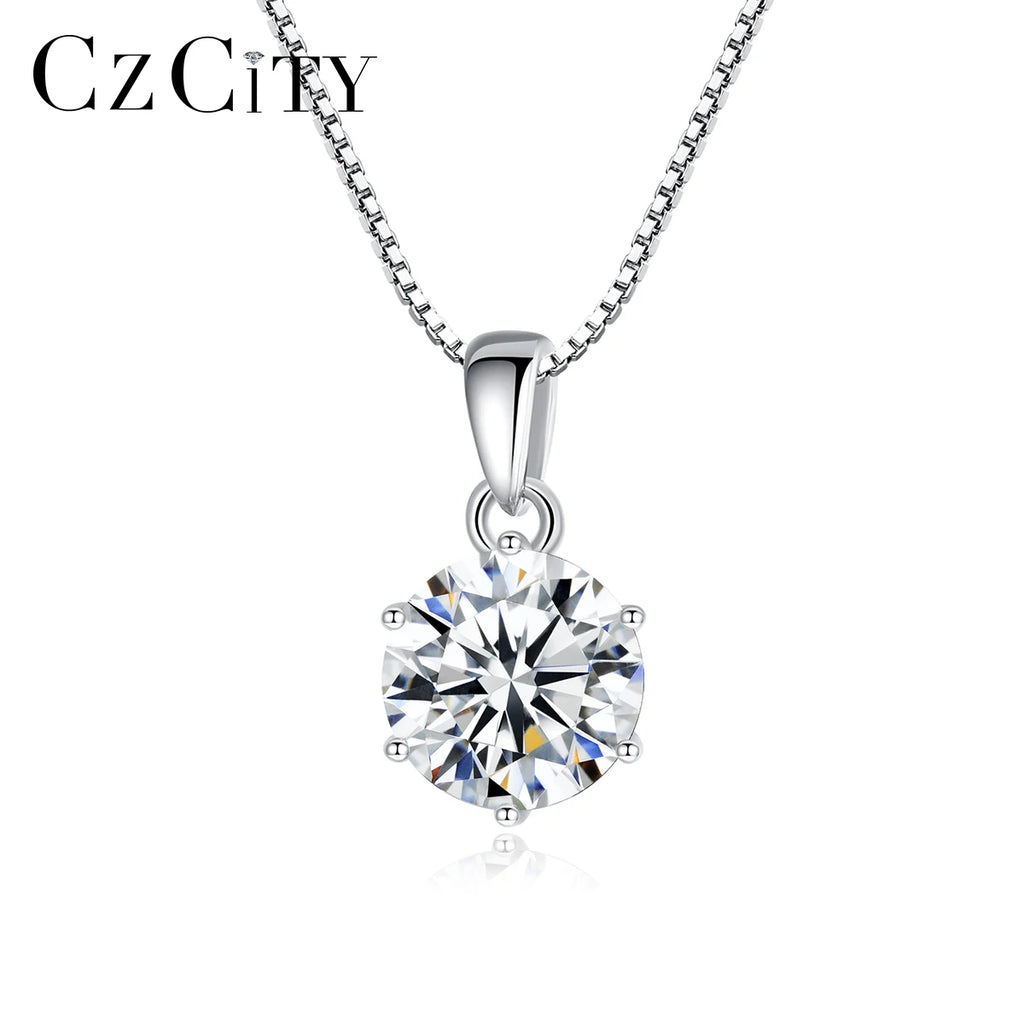 CZCITY Fine Jewelry White Diamond 6 Claw Pendant Necklace 925 Sterling Silver VVS Moissanite Pendant