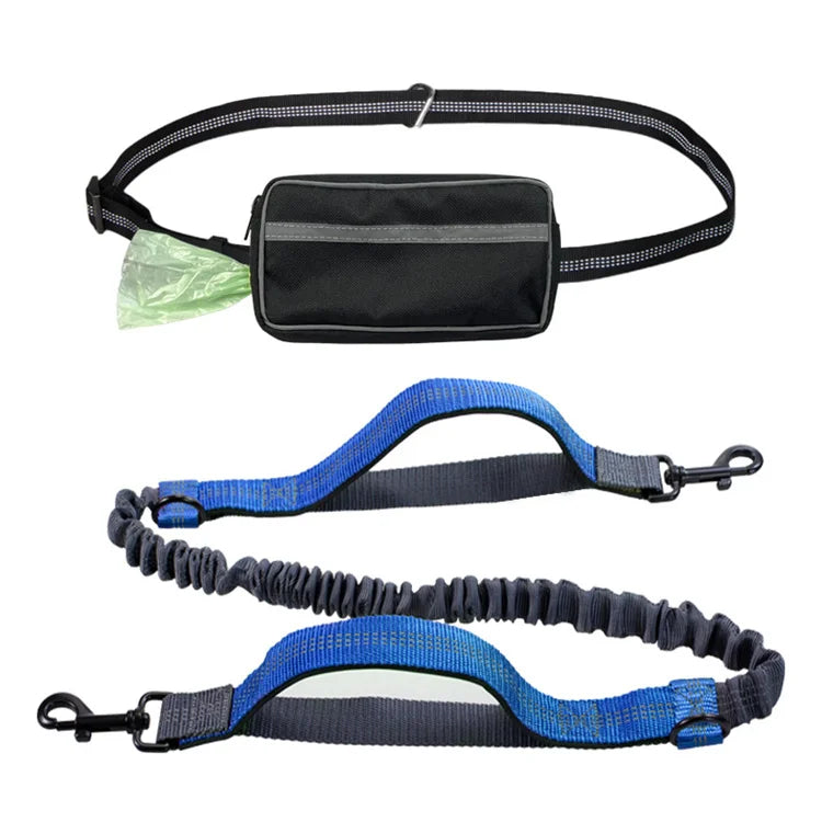 Dual Handle Elastic Bungees Retractable Rope Hands Free Dog Running Leash with Zipper Pouch
