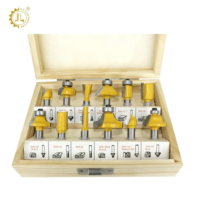 12Pcs Router Bit Set Woodworking Tools Kit De Fresas De Reuter De 1/4 Carbide Router Bit Kit With Wood Case