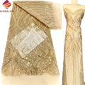 Latest Design Luxury Fashion Sequin Mesh Fabric with Beads Gold Tulle Embroidery Lace Fabric for African Wedding Party Dresses