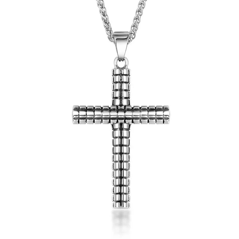 Textured Stick Design Biker Design Cool Punk Male Stainless Steel Men Cross Fine Necklace for Man Women Jewelry