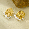 Women's 18K PVD Gold Filled Stainless Steel Spiral Pendant Necklace with Pearl Drop Earrings Waterproof Fashion Jewelry Sets