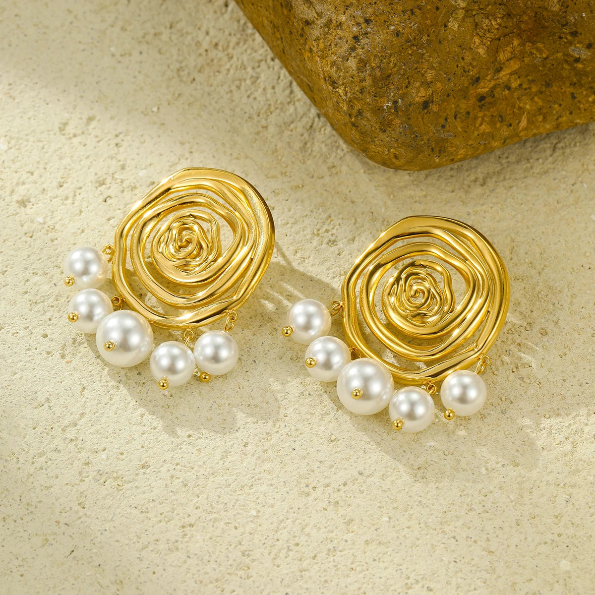 Women's 18K PVD Gold Filled Stainless Steel Spiral Pendant Necklace with Pearl Drop Earrings Waterproof Fashion Jewelry Sets