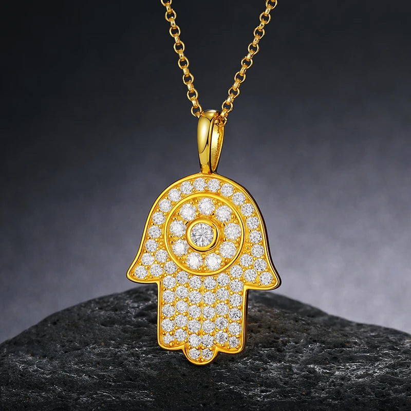 Real 925 Sterling Silver Hip Hop Hamsa Palm VVS D Color Moissanite Diamond Hand Pendant for Men Women with GRA Certification