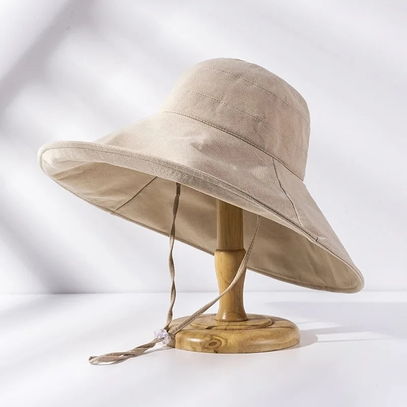 Women's Spring Summer Big Brim Cotton Linen Bucket Hat Fisherman UV Protection Fishing Sun Hat Outdoor Beach Sun Hat