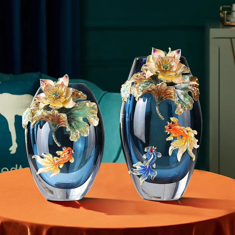 Goldfish and Lotus Flower Decorative Glass Vase High-end Enamel Handicraft Table Ornament Cloisonne Vase for Home Decoration