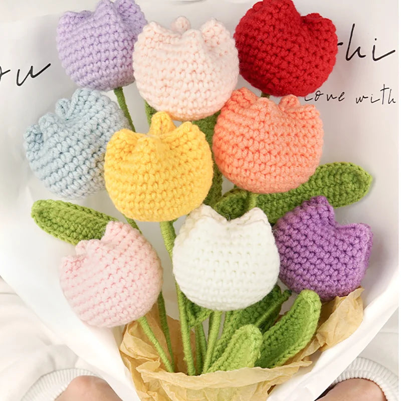 Creative Handmade Woven Crochet Tulip Bouquet Gift Wedding Decoration Crochet Artificial Flower