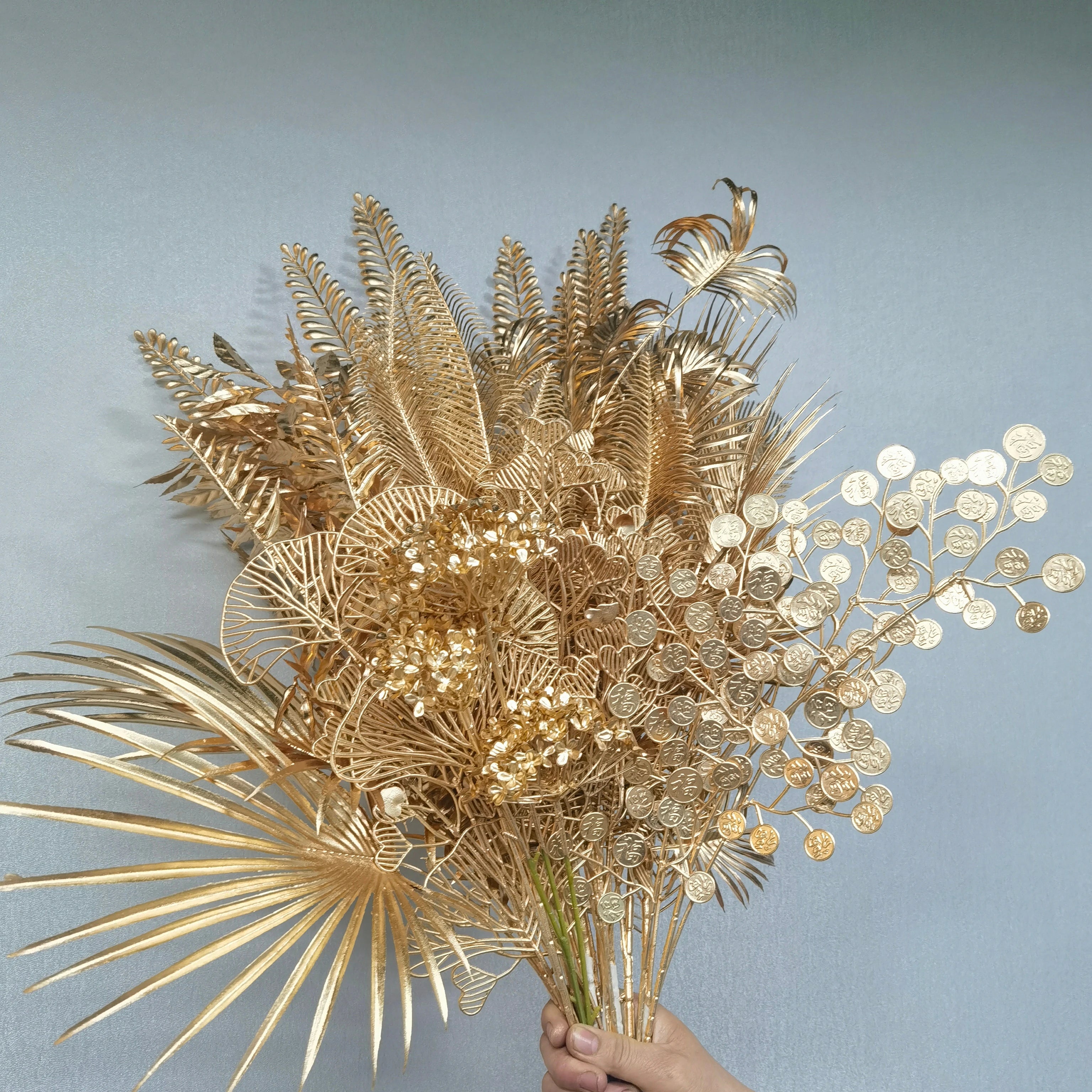Golden Eucalyptus Hydrangea Fan Leaves Flowers Wedding Decoration Blessing Barrel Golden Ginkgo Leaves Golden Plant Flower